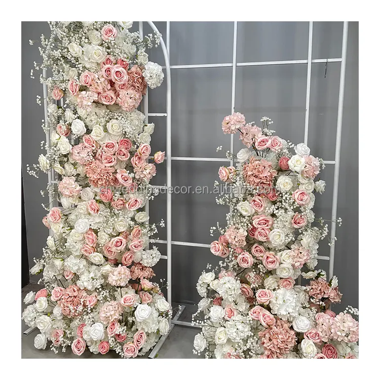 Precio de fábrica Baby Breath White Pink Hortensia Rose Flower Aisle Runner para boda