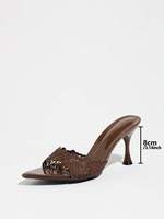 Sandales mules brodées en dentelle pour femmes, talon chaton, bout ouvert pointu, à enfiler, en PU marron, chaussures de soirée, vente en gros, logo personnalisé