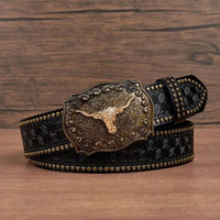 Sabuk Pria Kulit Sapi dengan Gesper Pin Paduan Logam Bermotif Hewan, Ukiran Retro Etnik Barat Kasual Denim Gaya Eropa Amerika Merek Jessi