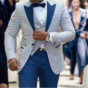 Derniers modèles de costumes de mariage et d'affaires pour hommes, bleus, coupe ajustée, col à revers cranté, 3 pièces (Veste+Pantalon+Gilet) avec braguette zippée - Product Image 3