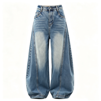 Jean ample rétro bleu uni léger pour femme, coupe large, plissé devant, fermeture éclair, longueur standard