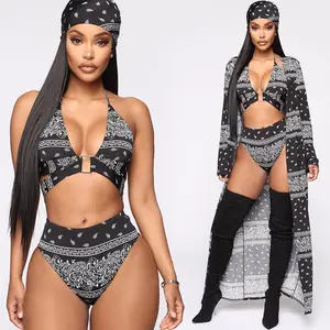 Sexy Vier Stukken Bikini Set Lange Mouw Bikini Cover Up Badmode Dames Badpak Print Badpak Beachwear Zwemmen Pak