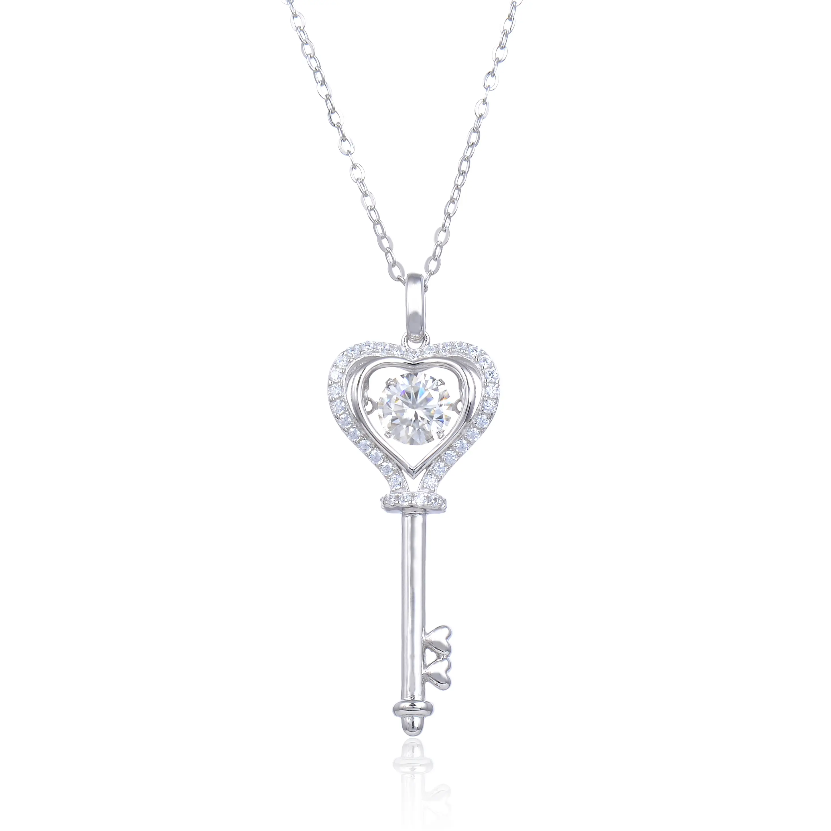 Wholesale 925 Sterling Silver Heart Style Key Shaped Women Jewelry Moissanite Diamond Dancing Pendant Necklace