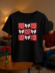 T-shirt da donna nera a maniche corte, girocollo, con stampa grafica a cuore e fiocco, casual, per tutti i giorni, lavabile in lavatrice, in jersey di cotone, vestibilità comoda - Product Image 2