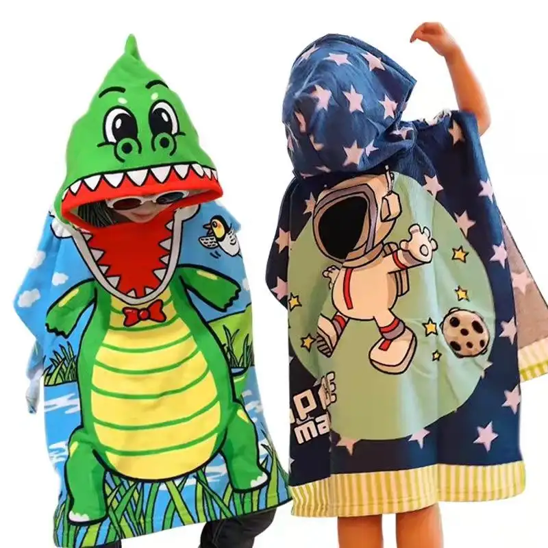 Hot Sell Custom Cheap Kids Hooded Ponchos Microfiber Swimming Towels Beach Towel Poncho Quick Drying Children Wearable Towel