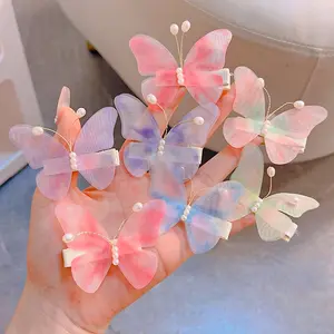 Gradient Color Butterfly Pearl Hairpins Hair Clips Set 2Pcs/set Hand Made Kids Girls Hair Accessories Hairgrips