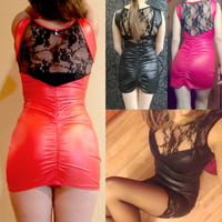 Eng Anliegendes Schmales Sexy PU-Leder Spitzenkleid Enges Wet-Look Fetisch Bondage Vinyl Rotes PVC-Kleid Leder Bodycon