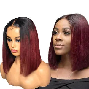 Wholesale Colorful Bob Wig 1b/99j Short Bob Cut Brazilian Human Hair Lace Front Wigs for Black Women Full and Thick Ends
