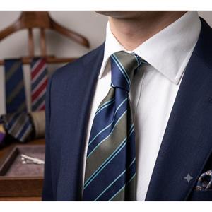 Premium Jacquard Woven Navy Blue Olive Green Striped Men's Neck Tie Polyester Silk Feel Classic Business Formal 148cm 8cm - Product Image 1