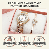 Ensemble Cadeau Luxe 2026 Boutique 5 Pièces Élégant Fleur Cristal Femme Montre Quartz Plaqué Or 18K et Bijoux