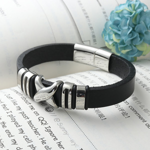 Black <b>Leather</b> <b>Bracelet</b> With Titanium Steel Bowknot Design Unisex Fashion Jewelry Gift 17022 - Product Image 3