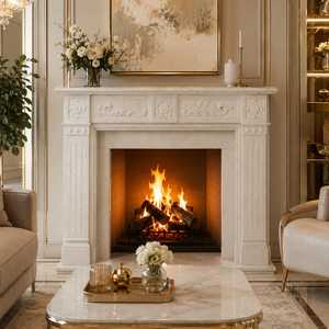 Traditional Marble <b>Fireplace</b> Mantel With Ornate Carving white Stone Indoor Wood Burning Hearth For Dining Room - Product Image 1