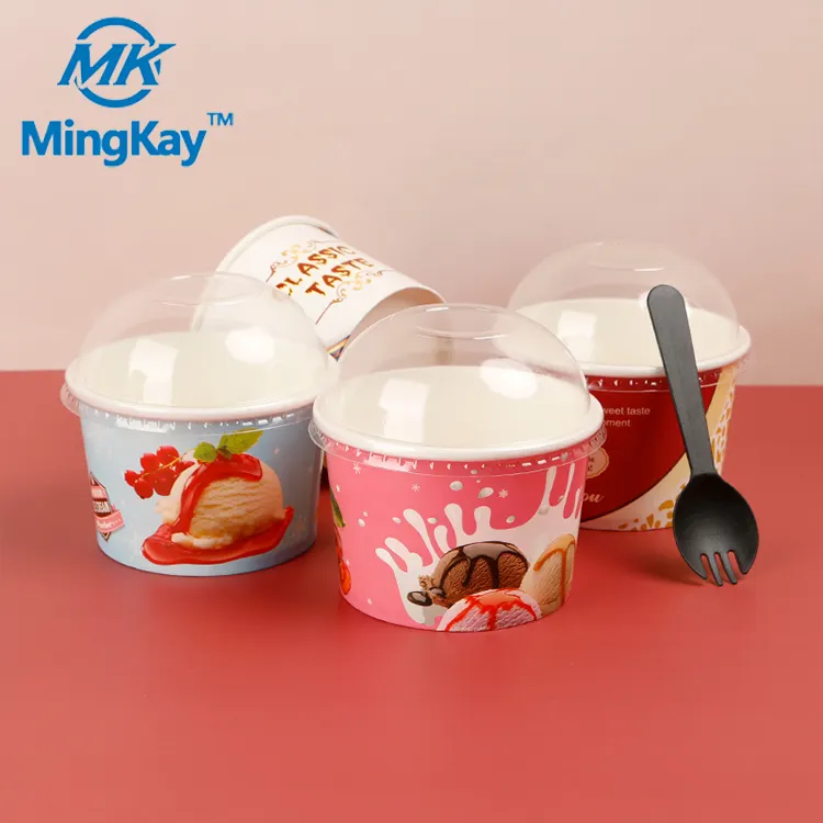 Tùy Chỉnh Logo In Cốc Kem Sữa Chua Đông Lạnh Gelato Bowls 3/4/5/8/12/16OZ Cốc Giấy Một Lớp Dùng Một Lần Với Nắp Và Muỗng