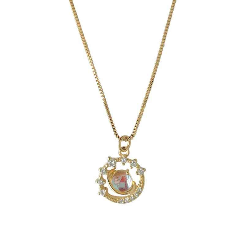 French 14k Gold Plated Hollowed Out Ring Full Circle Inlaid Zircon Colorful Crystal Ball Pendant Necklace