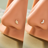 Anting Hidung Emas Asli 14K Toposh dengan Desain Bulan Sabit Lengkung dan Zirkonia Kubik CZ Motif Jaring Laba-laba untuk Tindik Hidung