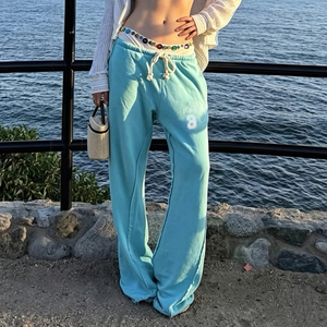 Letter Print Drawstring Flared Knit <b>Pants</b> Women Low Rise Sporty Casual Stretch Long Trousers - Product Image 3