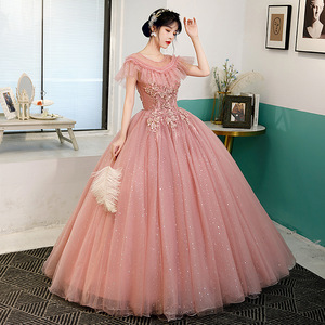 Women Tulle Ball Gown Red Bean Paste Color 3D Floral Embellished Stage Performance Dress Long Evening Gown Adult Size - Product Image 2