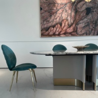 Table ovale en marbre naturel de luxe américaine, ensemble de table à manger moderne en cuir pour villa avec 6 chaises pour salle à manger