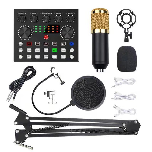 BM800 Professional Condenser Microphone with V8X Sound Card Scissor Arm Shock Mount & Pop Filter for Studio Streaming Karaoke