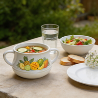 Bol à soupe en céramique à double poignée, imprimé fruits tropicaux (ananas, mangue), vaisselle en porcelaine pour la restauration en gros