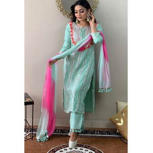 Kurti <b>Pant</b> Dupatta Set Rayon Embroidery Lace Work Ethnic Wear <b>Three</b> <b>Quarter</b> Sleeves Round Neck Solid Traditional Wear Dress - Product Image 1