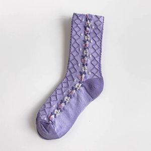 ถุงเท้าลายดอกไม้สีม่วงสไตล์วินเทจญี่ปุ่นสำหรับผู้หญิง สีม่วงทาโร่ ถุงเท้ายาวระดับกลางน่อง เหมาะสำหรับชุดฤดูใบไม้ผลิและฤดูร้อน - Product Image 5