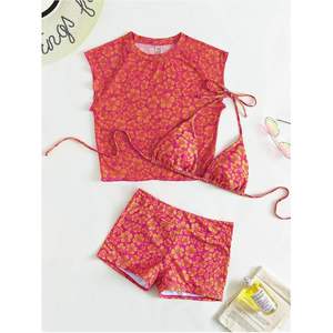 Ensemble bikini 3 pièces personnalisé pour femme à imprimé floral, avec haut dos nu, short et cache-maillot sans manches à taille élastique - Product Image 1