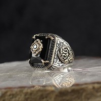 Bague Sceau Turque Homme en Argent Ancien avec Texture Sculptée et Incrustation de Pierre Précieuse, Style Punk Hip Hop, Bijoux et Accessoires Femme