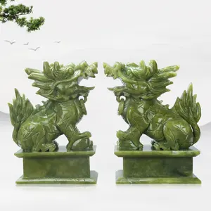 Jade vert naturel sculpté Lucky Kirin ornements Animal pixiu Lucky Sculpture,Crystal salon Statue Sculpture Jade Stone