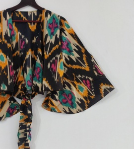 Haute qualité élégant bohème imprimé fleuri coton haut court manches cloche Hippie Wrap cravate conception à la mode été sans col - Product Image 2