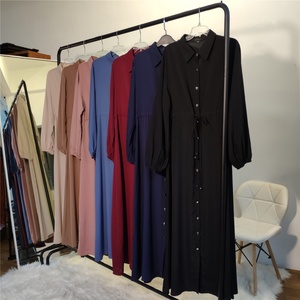6289#Women Long Dress New Fashion Muslim Solid Color Full Sleeve Button Down Slim High Waist New Dress - Product Image 6