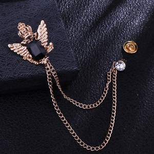 Broches personnalisées en forme d'<span class=keywords><strong>aigle</strong></span> double avec cristaux noirs et chaîne à pampilles pour hommes, broches pour costume d'homme, mariage - Product Image 3
