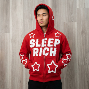 Custom Star Graphic Zip Up <b>Hoodie</b> Embroidered Lettering <b>Red</b> Streetwear Sweatshirt <b>Red</b> Star Embroidery Zip <b>Hoodie</b> - Product Image 1