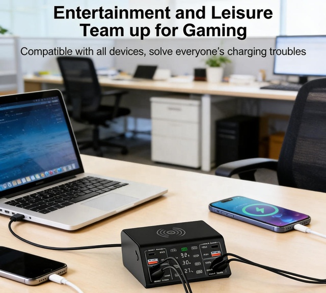 Smart LED Display100W Multi Output Charger 4USB Wireless Charging Station Universal Fast Charge Adapter for Multiple Electronic