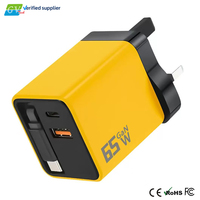 Câble rétractable 65W GaN PD 3.0 QC2.0 pour ordinateur portable, 2 ports Type-C et 1 port USB-A, charge rapide, prise UK, chargeur mural pour Macbook