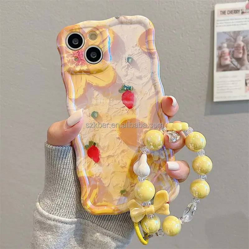 Vendita calda Blue Light Face Phone Cover 3D IMD Printing Big Flower con custodia in Silicone con catena a mano con perline per Iphone 15 Pro Max Plus