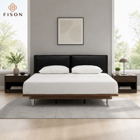 Lit double italien noir avec cadre en bois massif et revêtement en cuir véritable, style nordique moderne, pour chambre à coucher, disponible en tailles Queen et King
