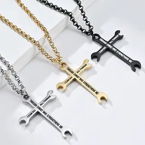 Faith Based Shields Of Strength Men Stainless Steel Wrench Cross Jewelry Pendant Necklace Inscribed With Philippians Bible Verse