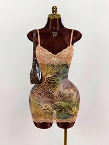 C0012 Retro Fashion Slim Fit <strong>Leopard</strong> <strong>Print</strong> Deep V Lace Patchwork Suspender Sexy <strong>Dress</strong> for Women - Product Image 1