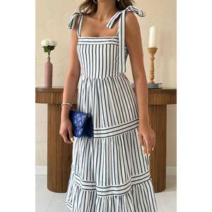 เดรสทรงเอลายทางสีน้ำเงินกรมท่า ขายส่ง เอวสม็อค ไร้สายรัด ระบายอากาศได้ดี ผ้าทอ สวมใส่สบายๆ ทุกวัน - Product Image 3