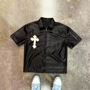 OEM Custom High Quality Short Sleeve Fashion Zip Pocket Casual Turn-<b>down</b> Collar Men's Pu Leather Zip up Mens Leather Shirts - Product Image 5
