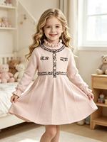 Robe pour filles en fil de soie filé à la main, garniture en tweed, boutons perlés, col montant à volants, manches longues, style tweed élégant pour filles, automne-hiver