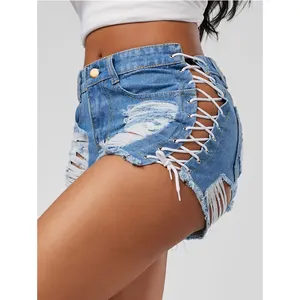 Pantaloncini di jeans da donna Sexy estivi nuovi jeans corti a vita alta a vita alta con frange in pizzo da donna con foro per fasciatura pantaloni corti