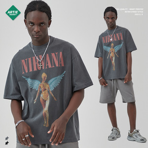 Kaos Lengan Pendek Retro dengan Cetakan Band Rock Bergaya Stone-washed dan Distressed, Merek Trendi Eropa dan Amerika. - Product Image 2