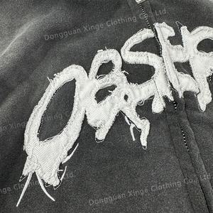Sudadera con capucha de algodón de 450 g/m² de alta calidad estilo streetwear vintage, con efecto desgastado por el sol, patchwork, lavado ácido, bajo sin rematar y cremallera para hombre - Product Image 5