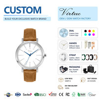 Montre-bracelet décontractée et élégante 2026 Virtue, bracelet en cuir marron, boîtier minimaliste en acier inoxydable argenté, modèle très prisé