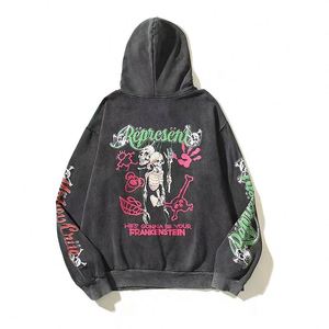 Pullover Hoodies Hip Hop Thick Oversize <b>Plain</b> <b>Sweatshirt</b> Wholesale 100% Cotton Custom Graphic Print Distressed Hoodie for Men - Product Image 4