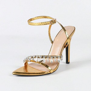 <span class=keywords><strong>Sandalias</strong></span> de Tacón Alto con Punta en Pico y Diseño de Serpiente con Pedrería para <span class=keywords><strong>Mujer</strong></span>, Tacones Altos Dorados y Modernos - Product Image 5