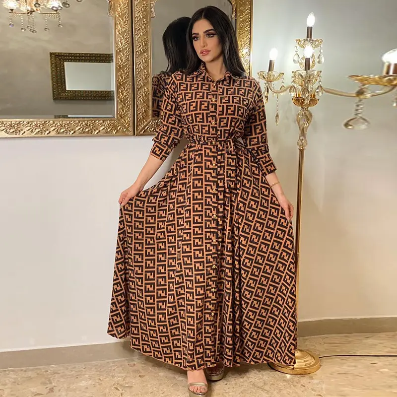 2022 Gaun Cetak Fashion Wanita Kaftan Timur Tengah Pakaian Muslim Abaya Jubah Arab Dubai
