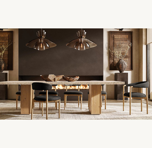 Mesa de comedor rectangular de madera de roble con cubierta de travertino y borde chisleado, mueble de piedra para proyectos hoteleros de alta gama - Product Image 3
